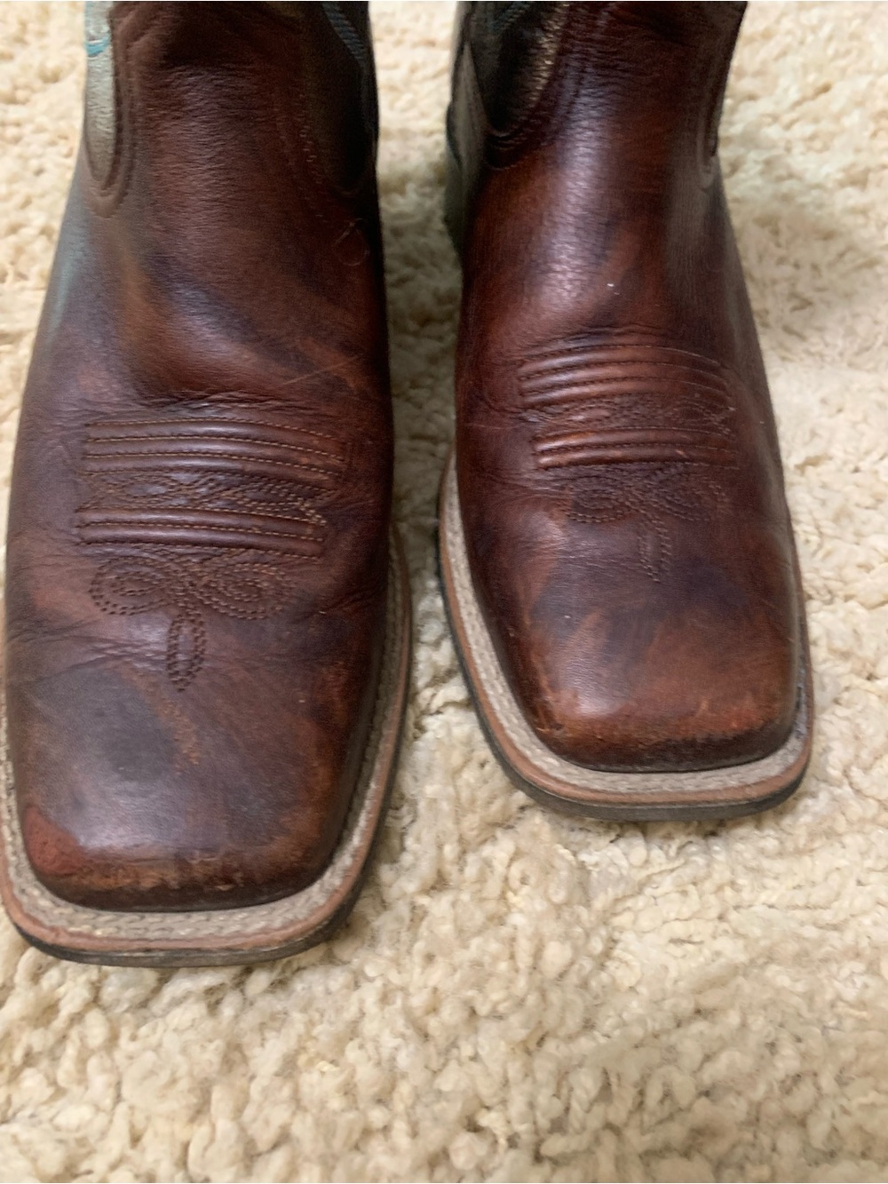 Ariat Brown Leather Western Boots with Turquoise Stitching - Picture 4 of 7